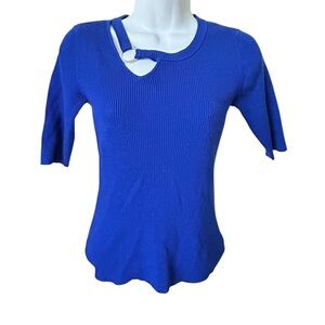 I.N.C. Blue Ribbed Short-Sleeve Top with Ring Detail, Sz SP 🔥